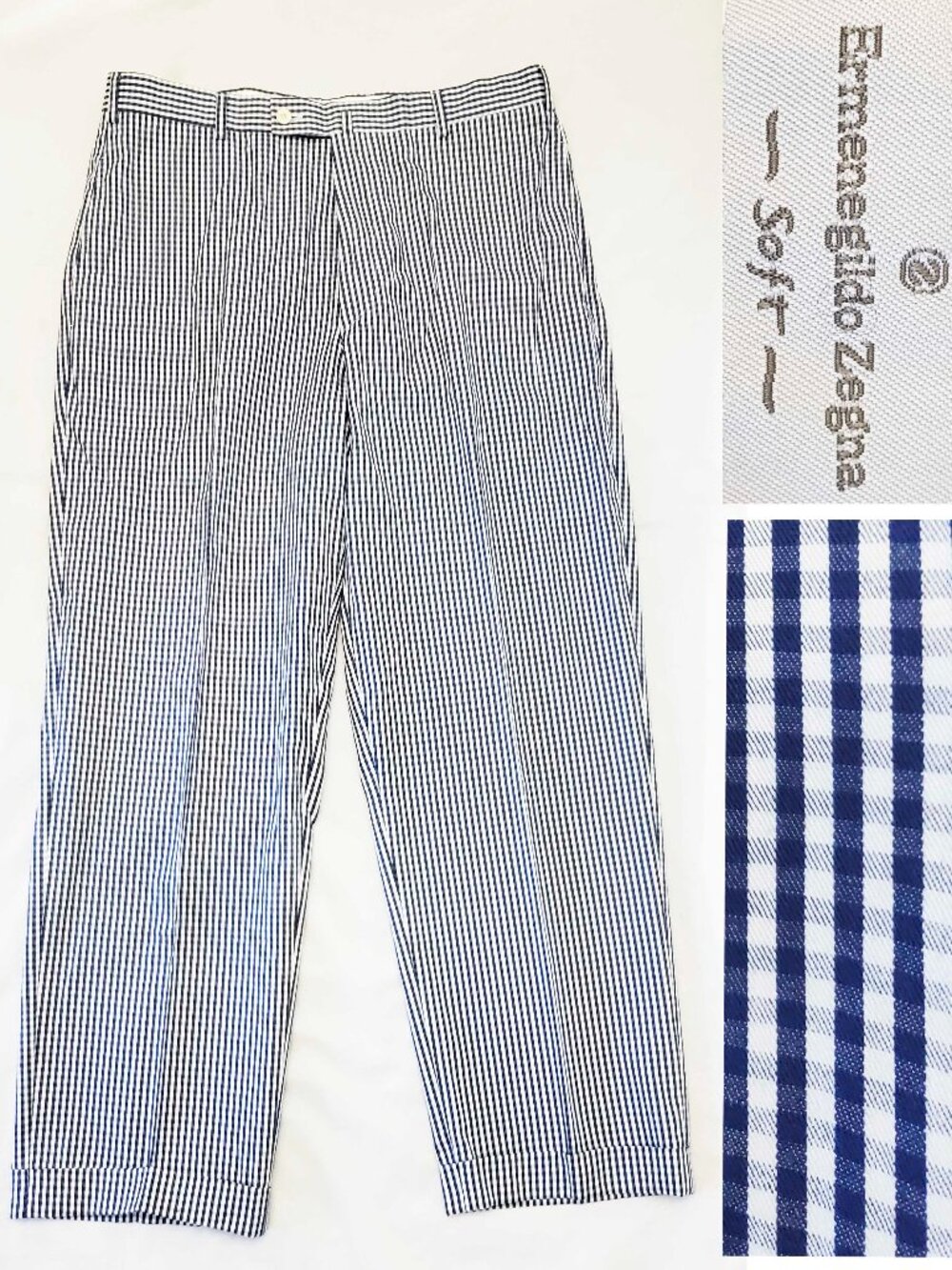 Ermenegildo Zegna Soft Men's Blue White Gingham Golf Summer Cotton Pants Trouser